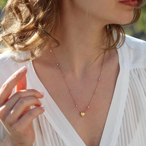 Sitrin Taşlı Rose Gold Kaplama Sevgili Kalp Gümüş Kolye ürün görseli 1