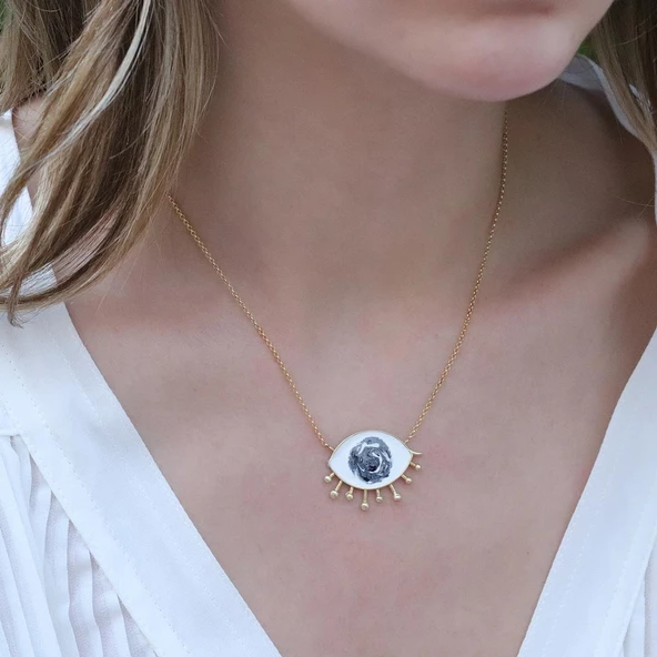 Mine İşli Gold Kaplama Göz Modeli Gümüş Kolye - Resim 4