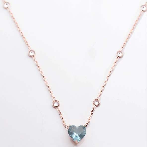 Aquamarin Taşlı Rose Gold Kaplama Sevgili Kalp Gümüş Kolye - Resim 2