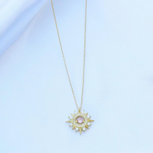 Pembe Zirkon Taşlı Gold Kaplama Lodestar Gümüş Kolye - Resim 2