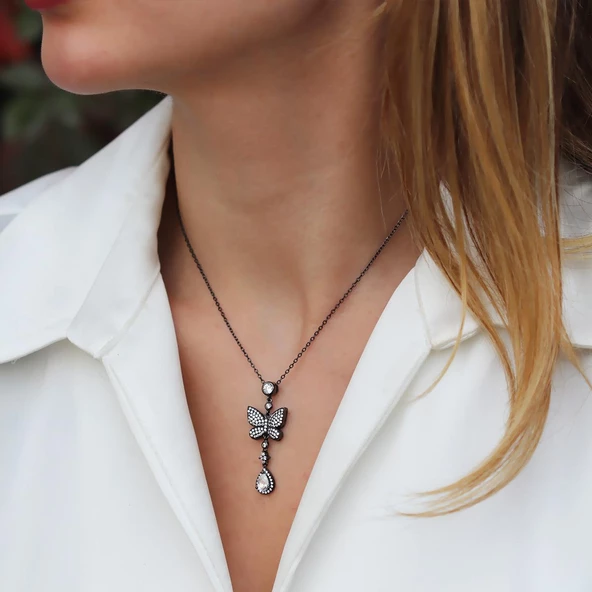 Kelebek Siyah Rodyum Kaplama Gümüş Kolye - Resim 4