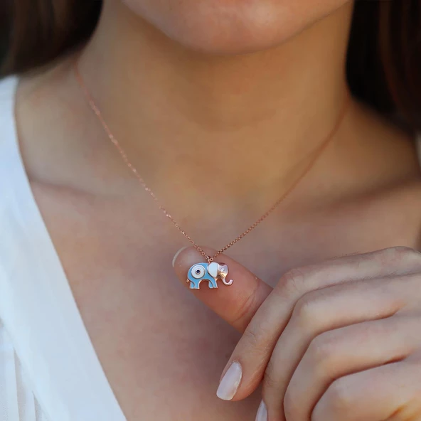 Açık Mavi Mine İşli Rose Gold Kaplama Bereket Fili Gümüş Kolye - Resim 3