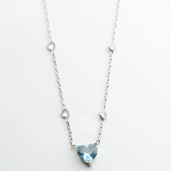 Aquamarin Taşlı Sevgili Kalp Gümüş Kolye - Resim 2