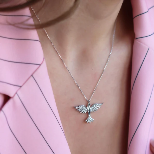 Anka Kuşlu Zirkon Taşlı Gümüş Kolye - Resim 4