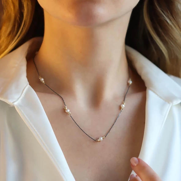 İncili Oksitli 925 Ayar Trend Gümüş Kolye - Resim 4