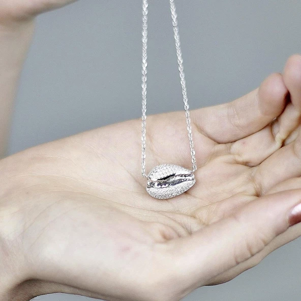 Gümüş Deniz Kabuğu Figürlü Zirkon Taşlı Kolye - Resim 5