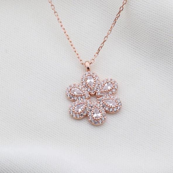 Çiçek Modeli Zirkon Taşlı Rose Gold Kaplama Gümüş Kolye - Resim 2