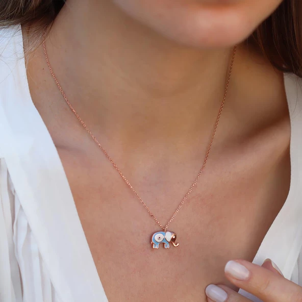 Açık Mavi Mine İşli Rose Gold Kaplama Bereket Fili Gümüş Kolye - Resim 4