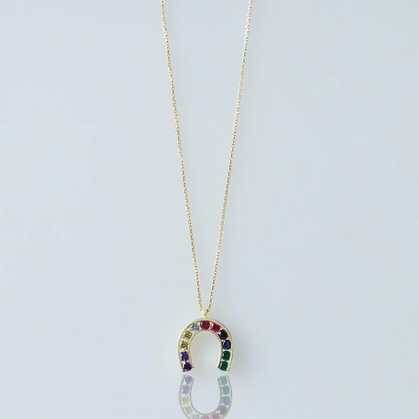 Renkli Zirkon Taşlı Gold Kaplama Şans Nalı Gümüş Kolye - Resim 3