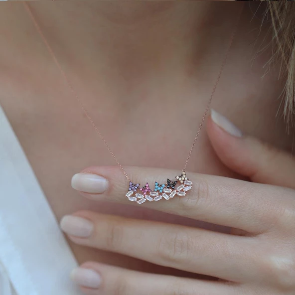 Renkli Zirkon Taşlı Baget Kelebek Modeli Rose Gold Kaplama Gümüş Kolye ürün görseli 1