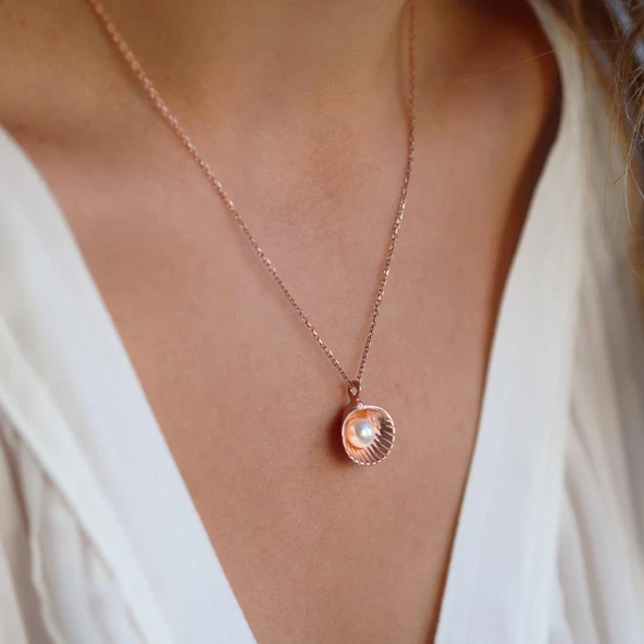 İstiridye İnci Rose Gold Kaplama Gümüş Kolye - Resim 2