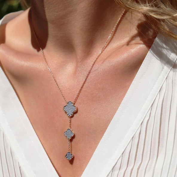 Zirkon Nano Taşlı Alhambra Yonca Rose Gold Kaplama Gümüş Kolye ürün görseli 1