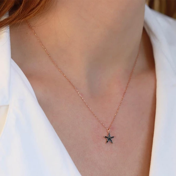 Mini Yıldız Siyah Zirkon Taşlı Rose Gold Kaplama Gümüş Kolye - Resim 2