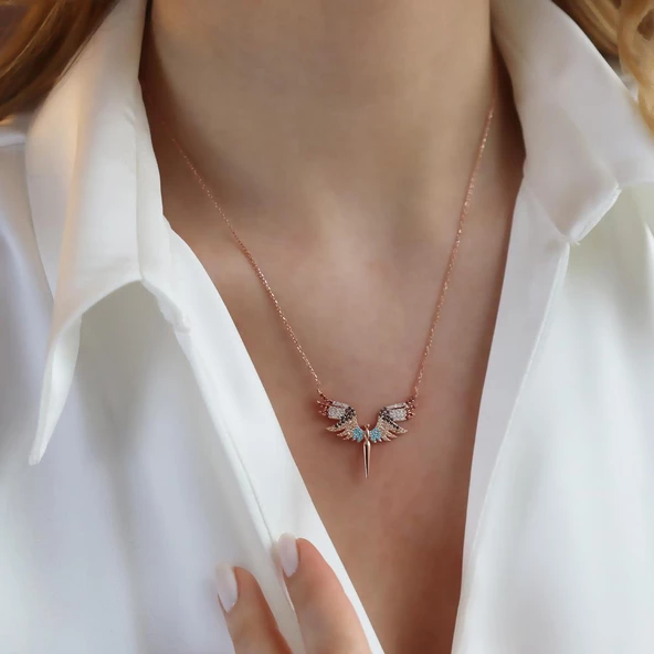 Mikail Meleği Renkli Zirkon Taşlı Rose Gold Kaplama Gümüş Kolye - Resim 2