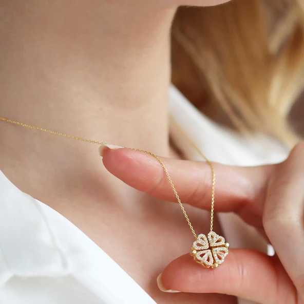 Aşk ve Şans Yoncası Zirkon Taşlı Gold Kaplama Gümüş Kolye - Resim 5