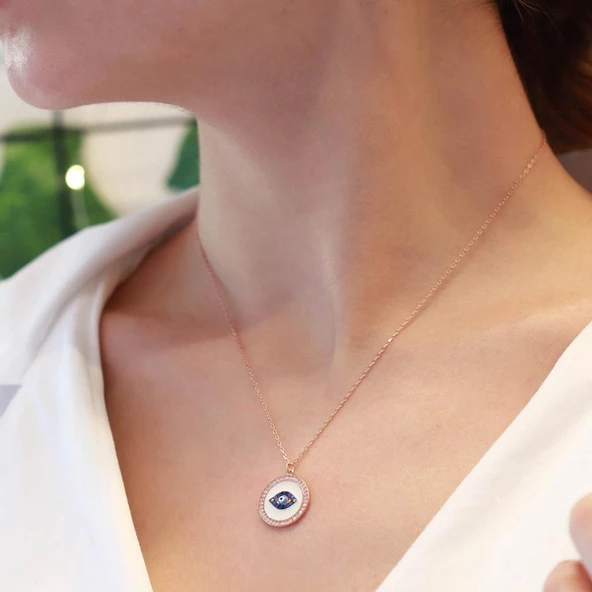 Göz Model Zirkon Taş Çerçeveli Rose Gold Kaplama Gümüş Kolye - Resim 4