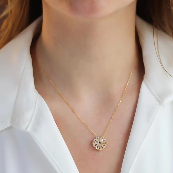 Aşk ve Şans Yoncası Zirkon Taşlı Gold Kaplama Gümüş Kolye - Resim 3