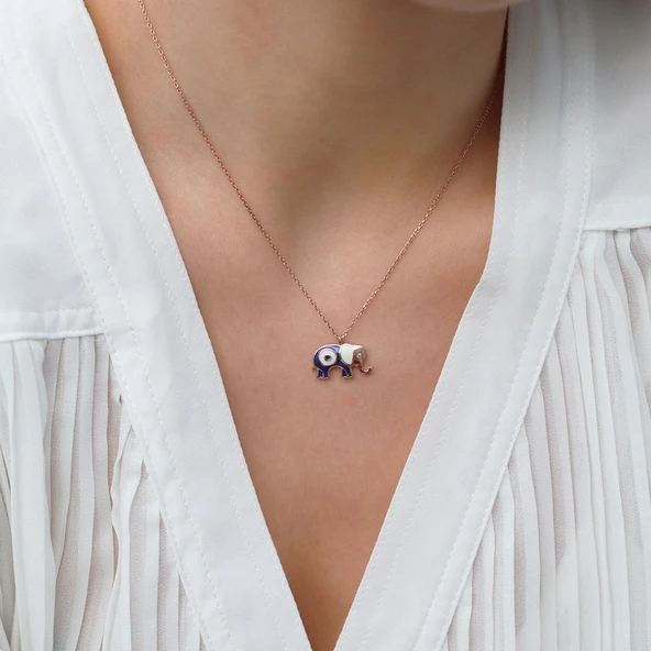 Mine İşli Rose Gold Kaplama Bereket Fili Gümüş Kolye - Resim 4