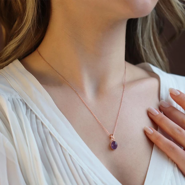 Ametist Doğal Taş Rose Gold Kaplama Gümüş Kolye