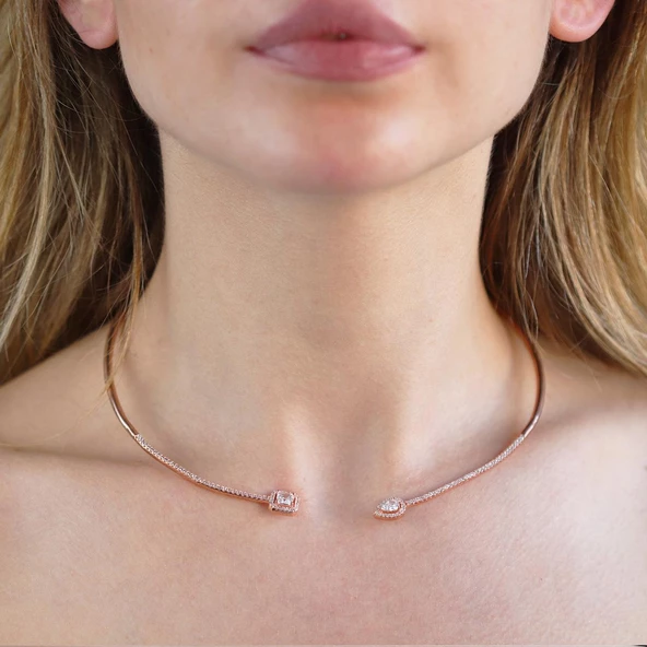 Baget ve Damla Taşlı Rose Gold Kaplama Choker Gümüş Kolye - 2