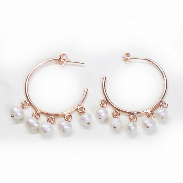 Sıra İncili Rose Gold Kaplama Gümüş Küpe - Resim 2