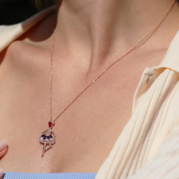 Balerin Renkli Zirkon Taşlı Gümüş Kolye - Resim 4