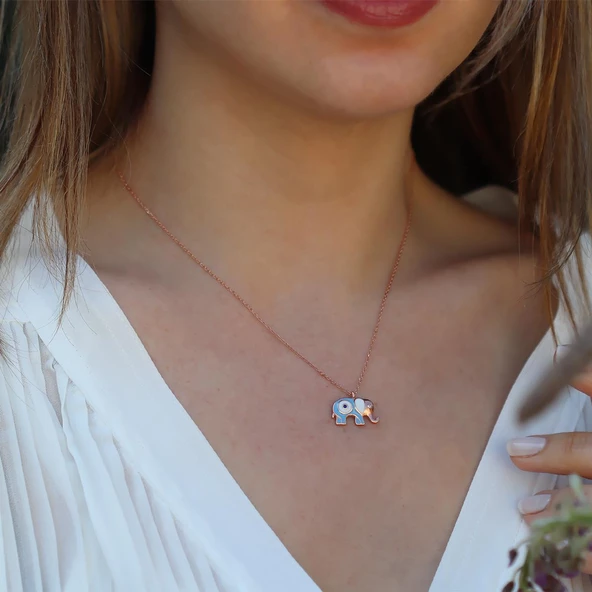 Açık Mavi Mine İşli Rose Gold Kaplama Bereket Fili Gümüş Kolye ürün görseli 1