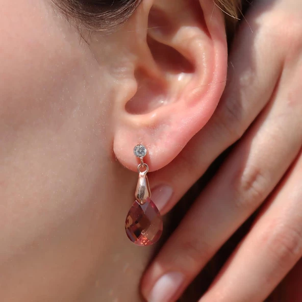 Zultanit Taşlı Damla Model Rose Gold Kaplama Gümüş Küpe - Resim 2