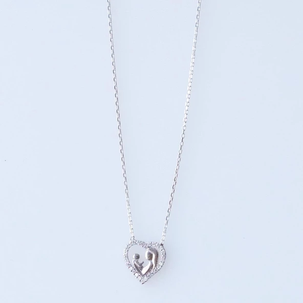 Kalp Çerçeveli Zirkon Taşlı Anne Bebek Gümüş Kolye - Resim 4