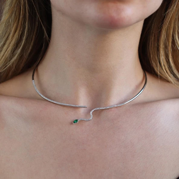 Yeşil Zirkon Taşlı Serpent Choker Gümüş Kolye - 4