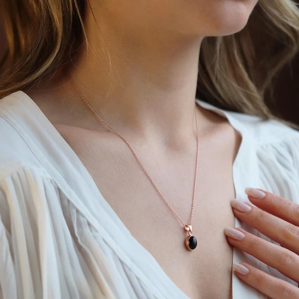 Doğal Onix Taş Rose Gold Kaplama Gümüş Kolye ürün görseli 1