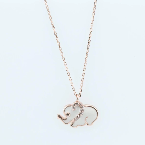 Beyaz Mine İşli Rose Gold Kaplama Bereket Fili Gümüş Kolye - Resim 4