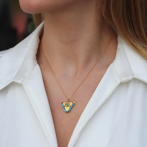 Turkuaz Taşlı Gold Kaplama Tılsım Kolye - Resim 4