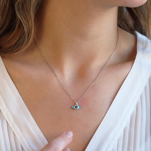 Mine İşli Mini Göz Figürlü Gümüş Kolye - Resim 2
