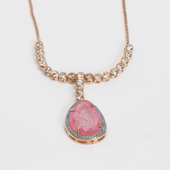 Pembe Kuvars Taşlı Asansör Zincirli Rose Gold Kaplama Gümüş Kolye - Resim 3