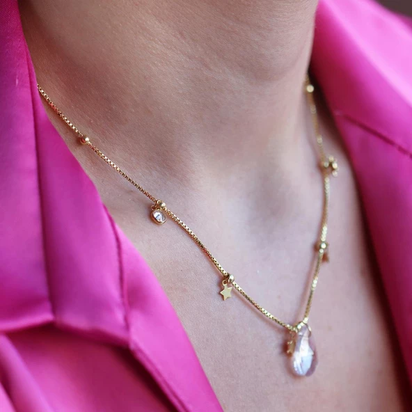 Damla Taşlı Gold Kaplama Trend Gümüş Kolye - Resim 2