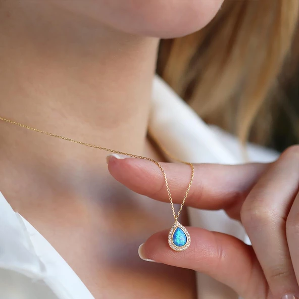Opal Damla Taşlı Gold Kaplama Gümüş Kolye - Resim 2