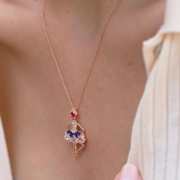 Balerin Renkli Zirkon Taşlı Gümüş Kolye - Resim 2