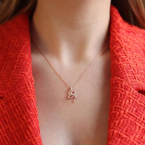 Yılan Modeli Zirkon Taşlı Rose Gold Kaplama Gümüş Kolye - Resim 4
