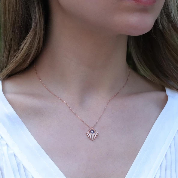Zirkon Taşlı Göz Modeli Rose Gold Kaplama Gümüş Kolye ürün görseli 1