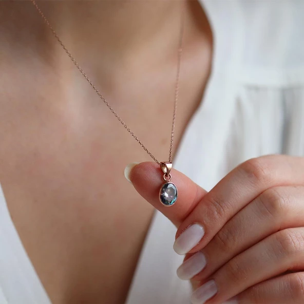 Doğal Mistik Topaz Taş Rose Gold Kaplama Gümüş Kolye - Resim 2
