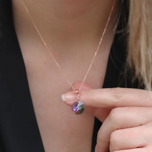 Yuvarlak Mistik Topaz Taşlı Rose Gold Kaplama Gümüş Kolye ürün görseli 1