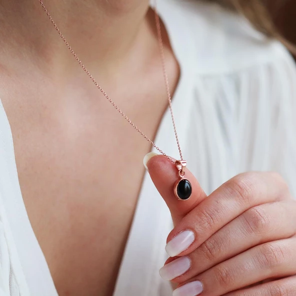 Doğal Onix Taş Rose Gold Kaplama Gümüş Kolye - Resim 2