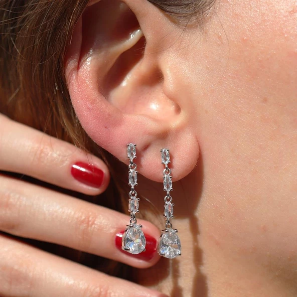 Zirkon Taşlı Damla Sallantılı Gümüş Küpe - Resim 3