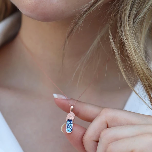 Nazar Boncuklu Rose Gold Kaplama Terlik Gümüş Kolye - Resim 3