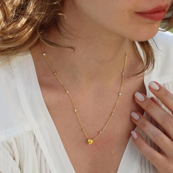 Sitrin Taşlı Gold Kaplama Sevgili Kalp Gümüş Kolye - Resim 2