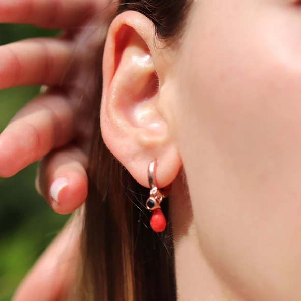 Doğal Mercan Taşlı Rose Gold Kaplama Gümüş Küpe - Resim 2