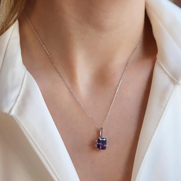 Ametist Taşlı Kare Lotus Çiçeği Gümüş Kolye - Resim 2
