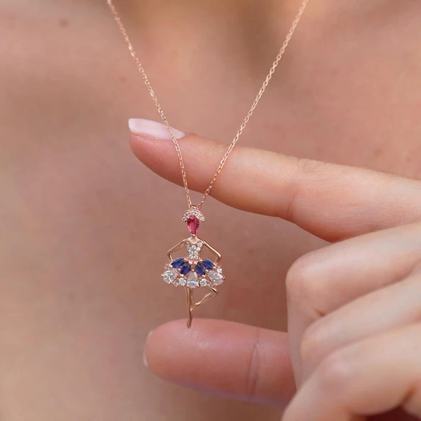 Balerin Renkli Zirkon Taşlı Gümüş Kolye ürün görseli 1