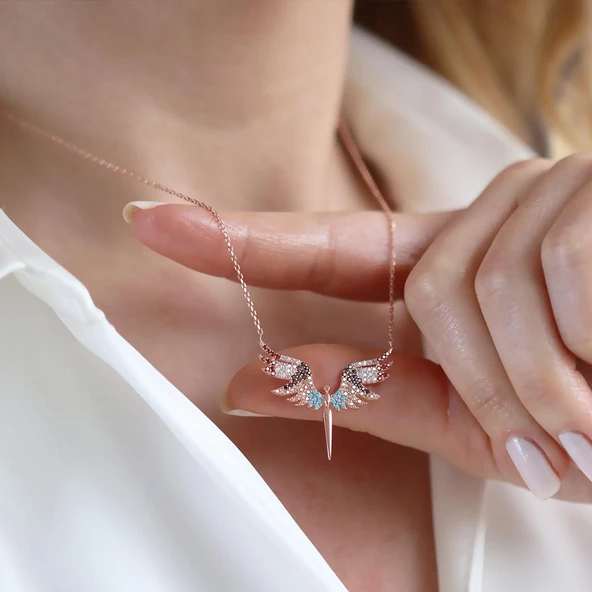Mikail Meleği Renkli Zirkon Taşlı Rose Gold Kaplama Gümüş Kolye - Resim 3